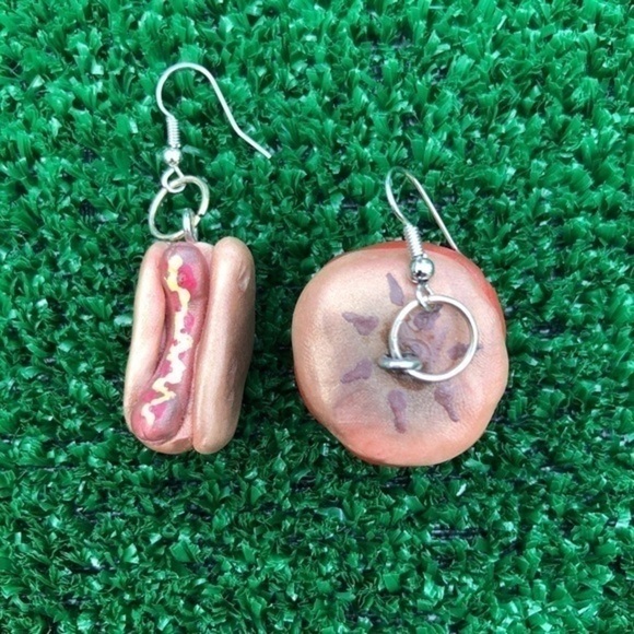 Hot Dog Hamburger Earrings Handmade Clay Barbecue - Picture 2 of 2